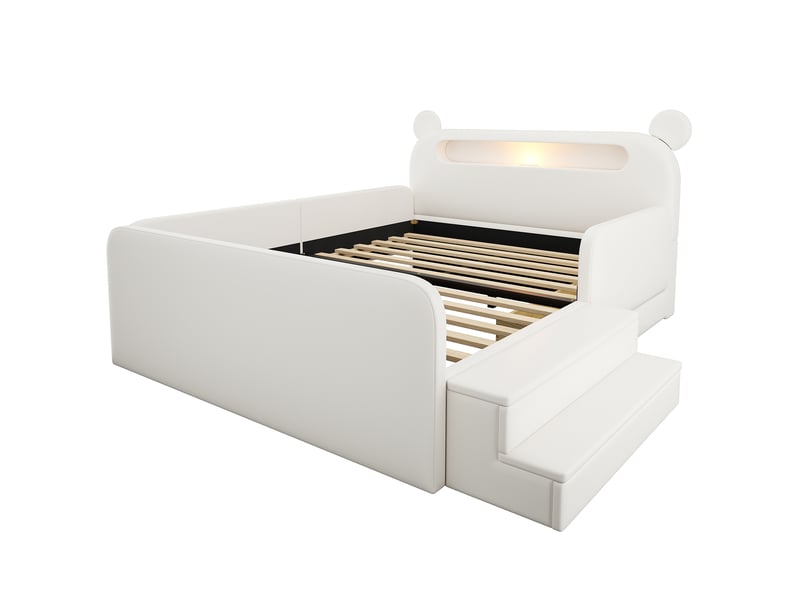  Lit enfant 140x200 cm en similicuir blanc, tête de lit ours, veilleuse, usb et rangement  - Conforama A