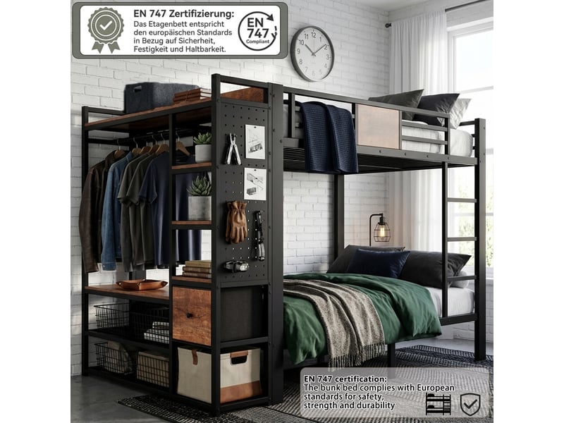 Lit mezzanine métal 120x200 cm double avec 2 couchages, rangement, penderie, panneau perforé et tiroirs en tissu - noir - Conforama E