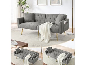 Canapé 2 places convertible 177x78x74 cm gris en tissu bouclette, dossier réglable 3 positions, pieds métal doré