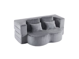 Canapé droit convertible 2 places en velours bleu gris avec 4 coussins, pliable pour salon, chambre ou invités
