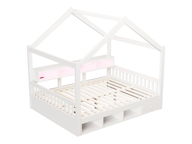  Lit cabane 140 x 200 cm avec led et prises, lit double en bois avec étagères et tiroirs de rangement, garde-corps et sommier à lattes - blanc  - Conforama E