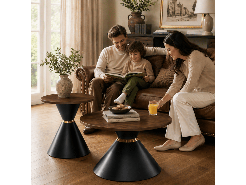  Set 2 tables basses rondes effet noyer - piètement métal noir conique - gain de place salonchambre  - Conforama D