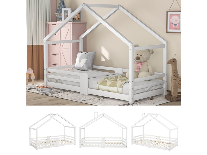  Lit cabane enfant 90 x 200 cm en pin massif avec barrières anti-chute et sommier 15 lattes, blanc WF197915AAW - Conforama D