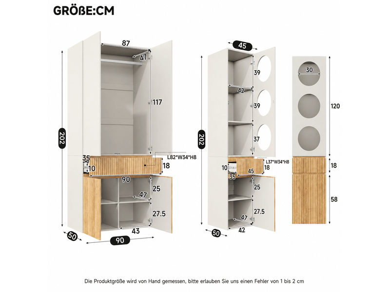  Armoire penderie 225 x 50 x 200 cm chêne clair et gris, mdf, 10 portes avec 3 tiroirs et 2 tringles  - Conforama C