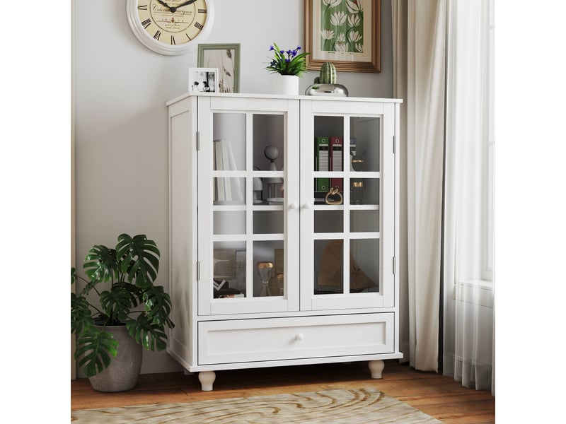  Buffet de cuisine - 71x38x93 cm - meuble de rangement minimaliste moderne en bois avec 2 portes vitrées et tiroir - blanc  - Conforama D