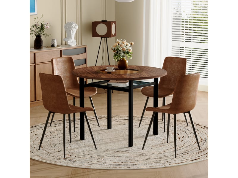  Ensemble table ronde avec 4 chaises marron, table ronde de 100 cm avec plateau effet bois marron et insert en verre trempé  - Conforama C