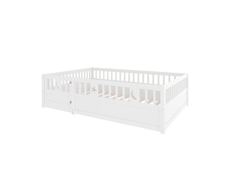  Lit enfant 140x190 cm en pin blanc avec barrières de sécurité et décor étoile-lune  - Conforama R