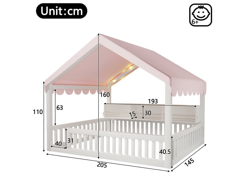  Lit cabane jeune 140x200 cm équipé de clayette, barrières en bois blanc et led  - Conforama C