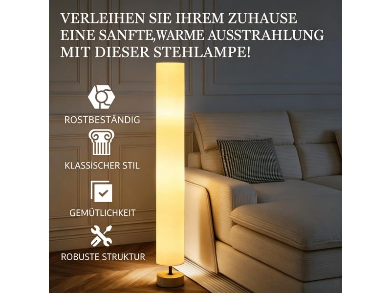  Lampadaire colonne en bois de pin et lin beige 120 cm 2 lumières e27 interrupteur pied salon  - Conforama D