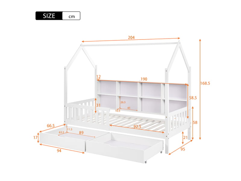  Lit enfant cabane 90x200 cm avec étagère, 2 tiroirs et barrières, blanc  - Conforama C