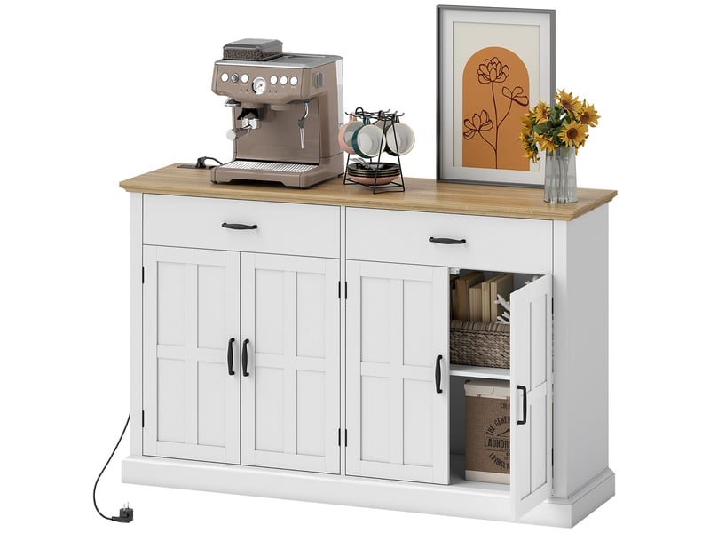 Buffet 2 portes de grange 2 tiroirs avec prises et usb blanc et chêne 140x40x91,5 cm  - Conforama B