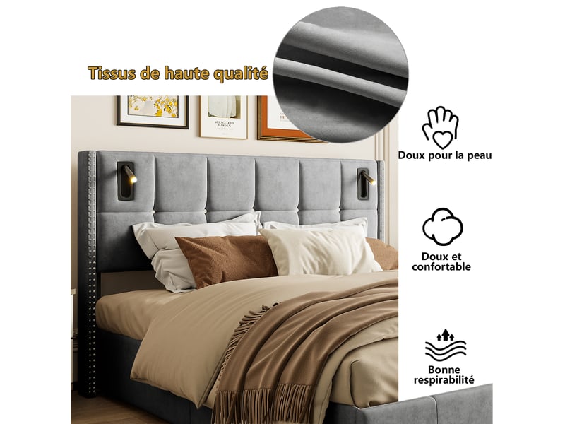  Lit double 140x190 cm avec lampes de lecture,cadre de lit 140x190 cm, lit coffre,lit adulte avec hydraulique,velours,gris  - Conforama R