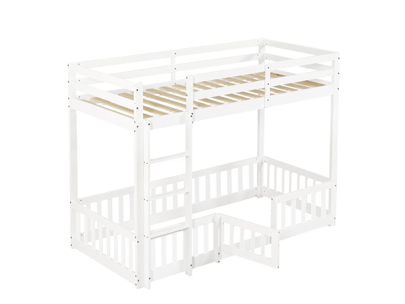 Lit superposé enfant en bois avec escalier droit, barrières et porte, pin lvl blanc, 90x200 cm, espace libre sous le lit - Conforama E