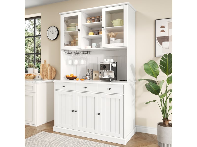 Buffet vitrine 120x40x191 cm avec portes vitrées, porte-verres, rangements modulables et prises usb intégrées - Conforama D