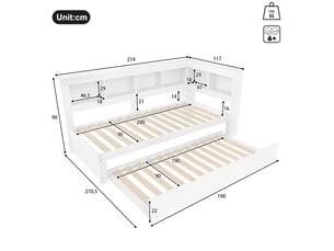 Banquette-lit 90 x 200 cm, lit gigogne inclus, prise et 2 ports usb, sans matelas, blanc, pin, gain de place
