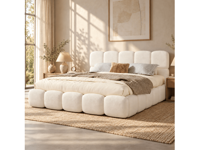 Lit coffre 200x200 cm avec sommier à lattes, revêtement bouclé blanc - Conforama B