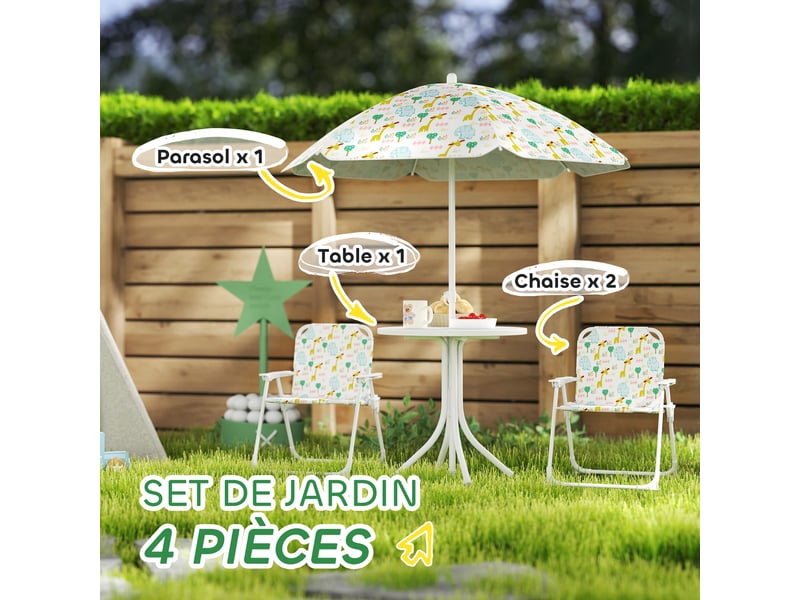  Ensemble salon de jardin extérieur enfant 4 pièces, motif éléphant et girafe, parasol réglable ø 100 cm, chaise pliable  - Conforama E