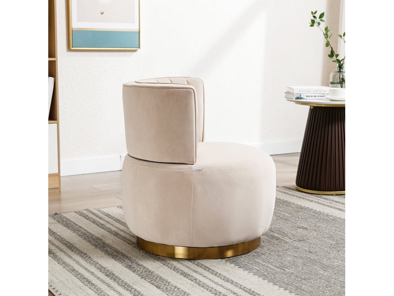  Fauteuil pivotant à 360° 62,5x62x69,5 cm, assise moelleuse velours, structure métal, canapé une place, beige et doré  - Conforama E