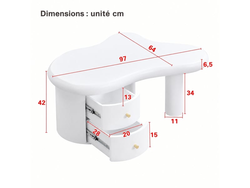  Table basse blanche avec 2 tiroirs, forme organique en mdf, 97 × 64 × 42 cm  - Conforama C