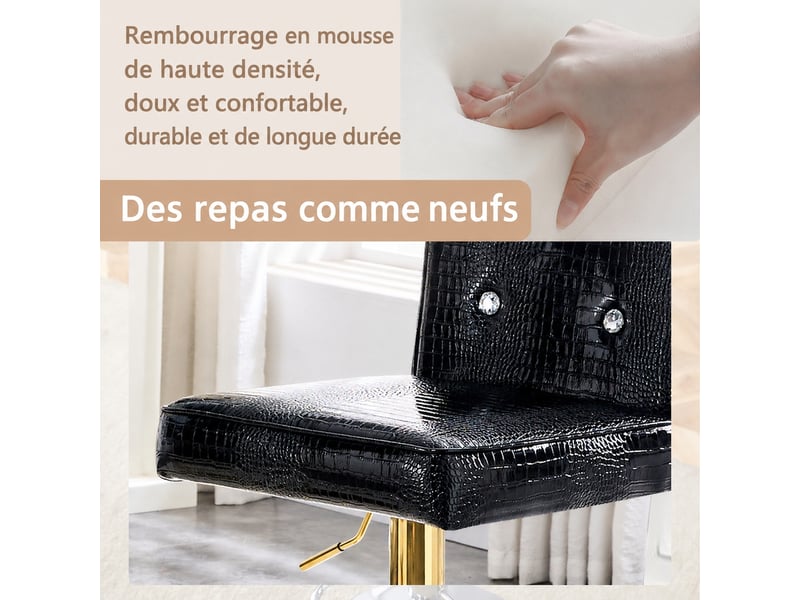  Lot de 2 tabourets de bar noirs en simili cuir effet crocodile, réglables 104-125 cm  - Conforama D