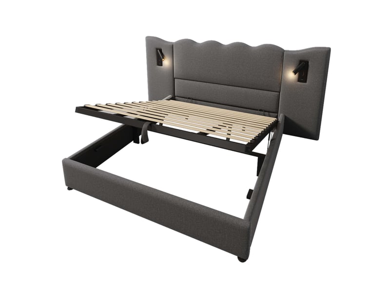 Lit coffre 180 × 200 cm en lin gris, liseuse orientable 360°, usb-c et sommier à lattes Fay Lum - Conforama D