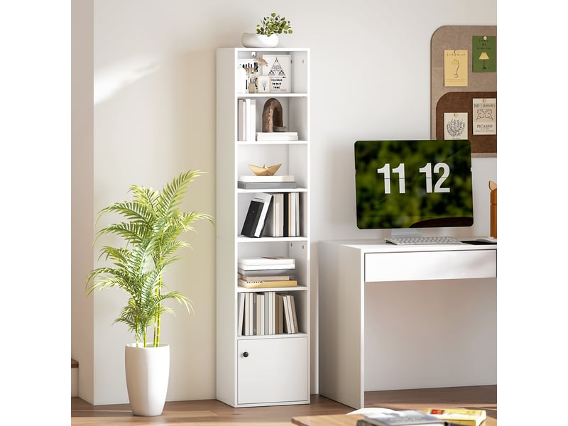  Bibliothèque à 7 niveaux, style moderne, avec étagères ouvertes et porte, 40 x 30 x 180 cm, blanche  - Conforama D