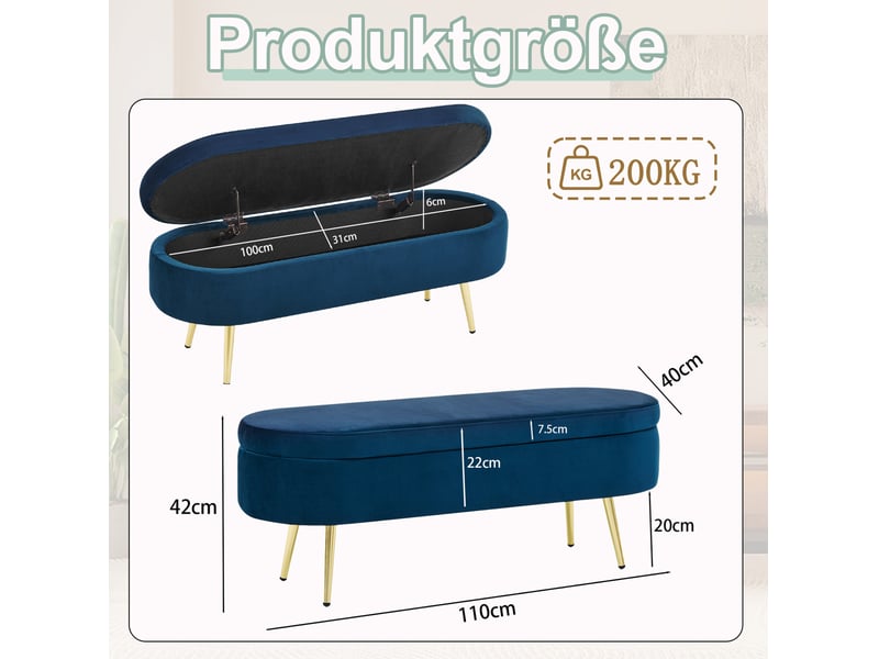  Banc de rangement 110x40x42 cm, coffre 20 l, pieds en bois, pour la chambre et le salon, assise en velours, bleu foncé  - Conforama C