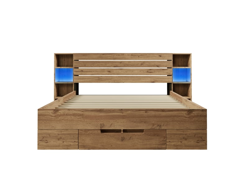  Lit adulte 160x200 cm avec led, usb-c et rangements, en bois clair, style naturel  - Conforama D