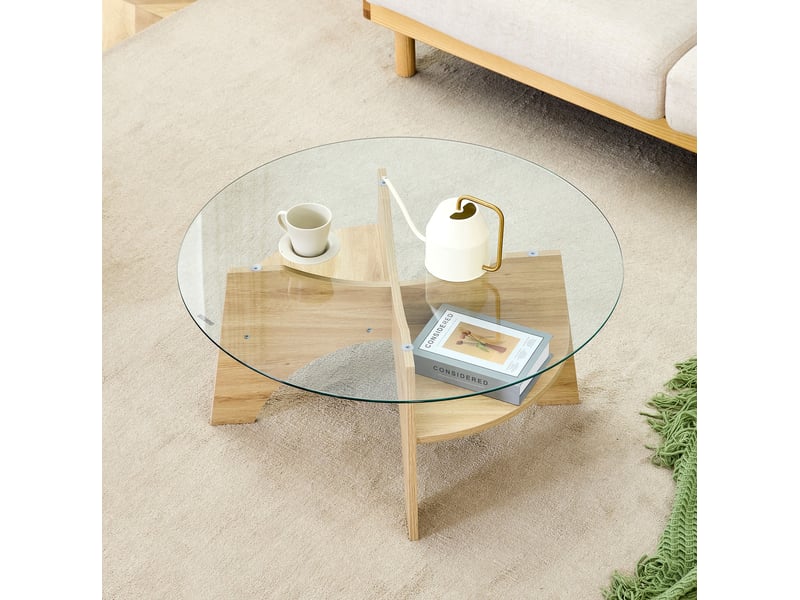  Table basse ronde 80x80x36 cm en verre trempé et mdf effet bois naturel  - Conforama D