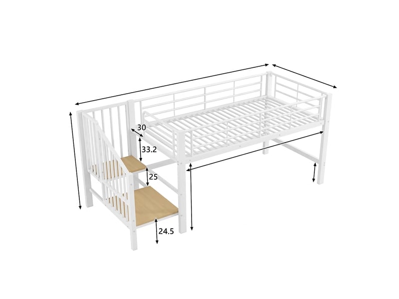  Lit mezzanine 90x200 avec escalier de rangement, lit enfant métal blanc  - Conforama E