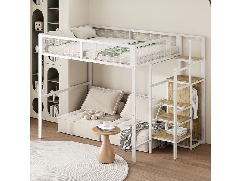 Lit mezzanine 2 places 140 x 200 cm avec échelle de rangement, armoire, étagère et garde-corps intégral, structure en métal blanc, gain de place  - Conforama B
