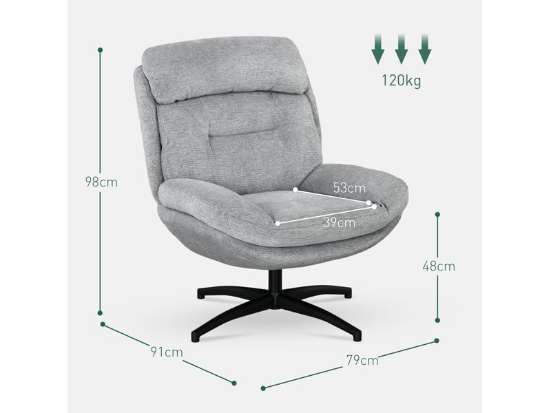  Fauteuil 79x91x98 cm, pivotant 360°, accoudoirs intégrés, en tissu polyester gris, design moderne, canapé une place  - Conforama C