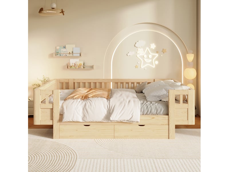  Lit enfant 140x200 cm avec barrières de protection et 2 tiroirs, bois  - Conforama E