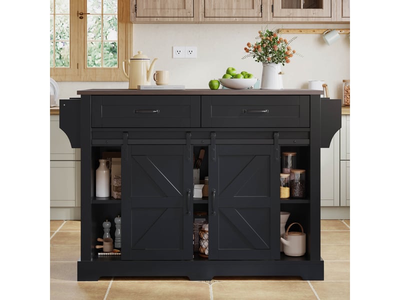  Îlot de cuisine noir style grange avec plateau rabattable, desserte sur roulettes, 2 portes coulissantes, 120x70x91 cm  - Conforama E