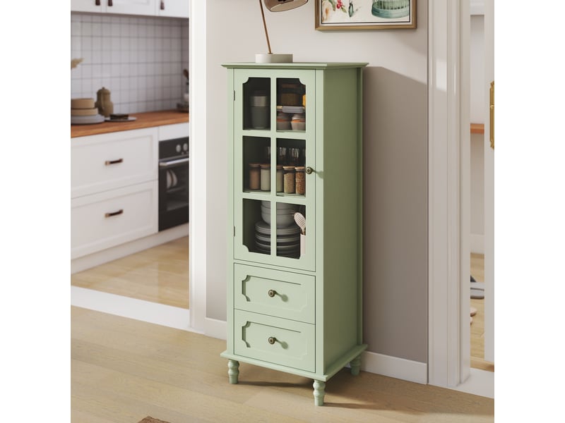 Buffet - 50x40x133 cm - meuble de rangement haut avec porte vitrée et 2 tiroirs, vitrine et buffet de cuisine - vert - Conforama C