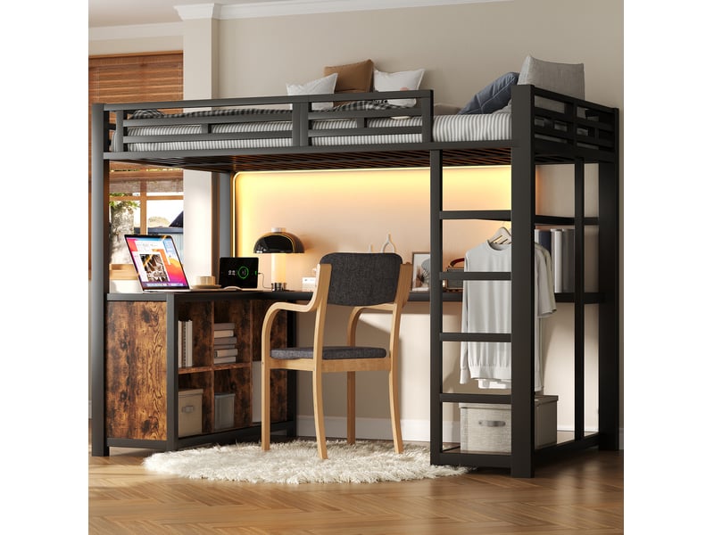  Lit mezzanine 140x200 cm noir, avec bureau, led, usb, rangements, penderie, structure métal, sommier inclus, sans matelas  - Conforama B