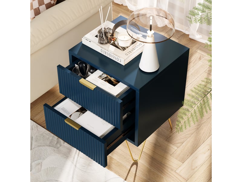  Lot de 2 table de chevet,table de nuit avec 2 tiroirs, manches et pieds en couleur doré,moderne, 40 x 35,5 x 50 cm, bleu  - Conforama R