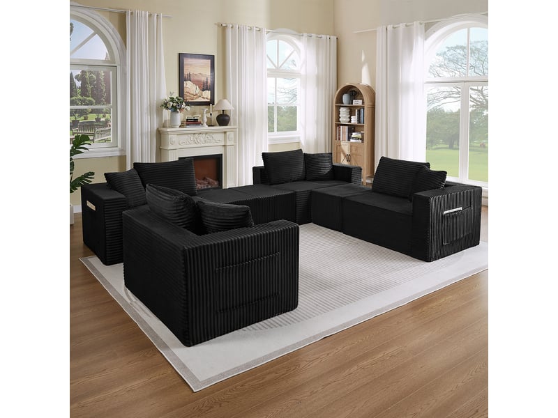 Canapé modulable 8 places en velours côtelé noir, assise souple et modules repositionnables IKSETERA TRADING LTD - Conforama D