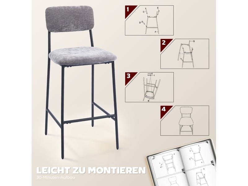 Tabourets de bar lot de 2 avec dossier, repose-pieds et patins réglables en tissu chenille et acier gris - Conforama E