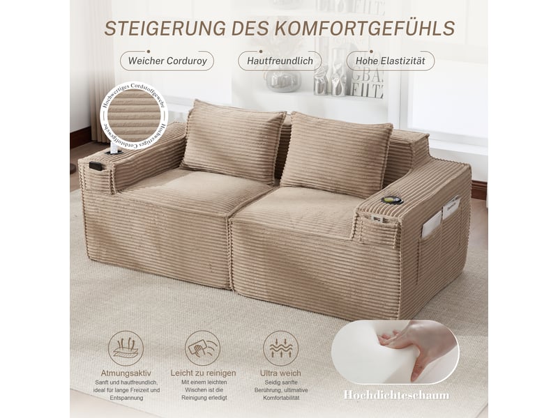Canapé modulable, canapé 2 places, poches latérales, porte-gobelets, sans montage, en velours, format compressé - Conforama W