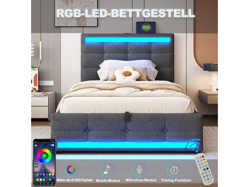  Lit enfant capitonné 90x200 cm en lin gris, rangement hydraulique, led et usb, avec sommier  - Conforama C