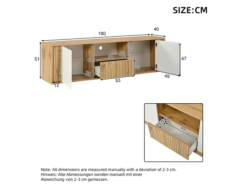  Meuble tv, avec éclairage led, rangement, aspect bois, 2 portes, 1 tiroir, blanc‑bois, 180x40x51 cm  - Conforama C