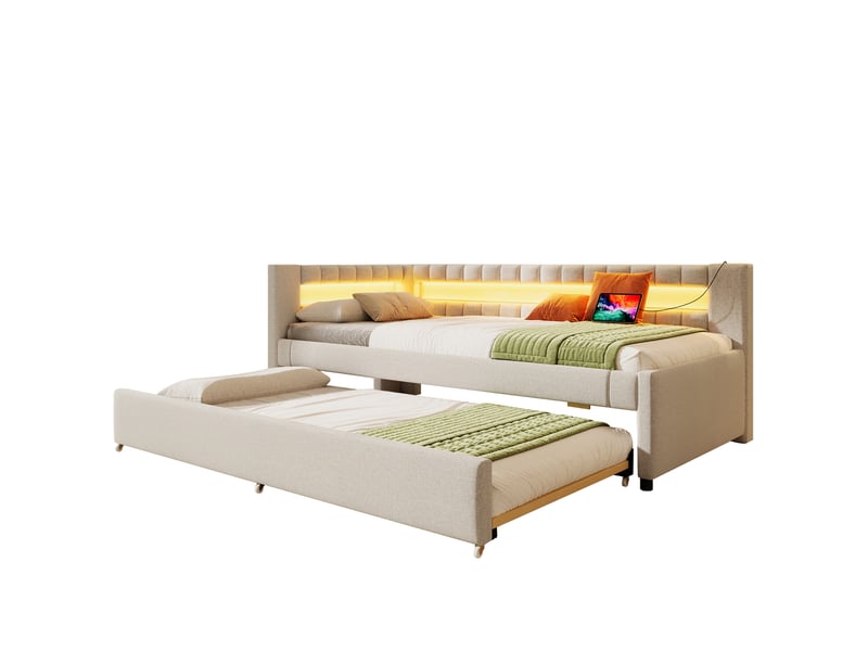  Lit gigogne pour jeune, 90x200 cm et 90x190 cm, led avec télécommande et ports usb et type c, lin et mdf, coloris beige  - Conforama A
