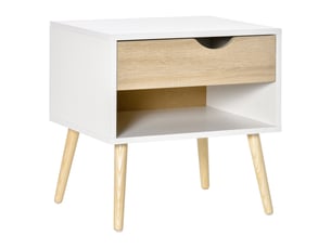 Table de chevet, table de nuit, avec tiroir, design moderne, 50 x 39 x 51 cm, pieds en bois massif, blanc et bois naturel