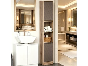 Armoire de salle de bain étroite avec 2 portes, 2 niches et étagères réglables, gris et chêne, 30 × 24 × 170 cm