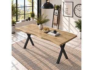 Table à manger 180x78x75cm pour 4 à 6 personnes, plateau épais aux bords ondulés, pieds en fer en x, style minimaliste, naturel