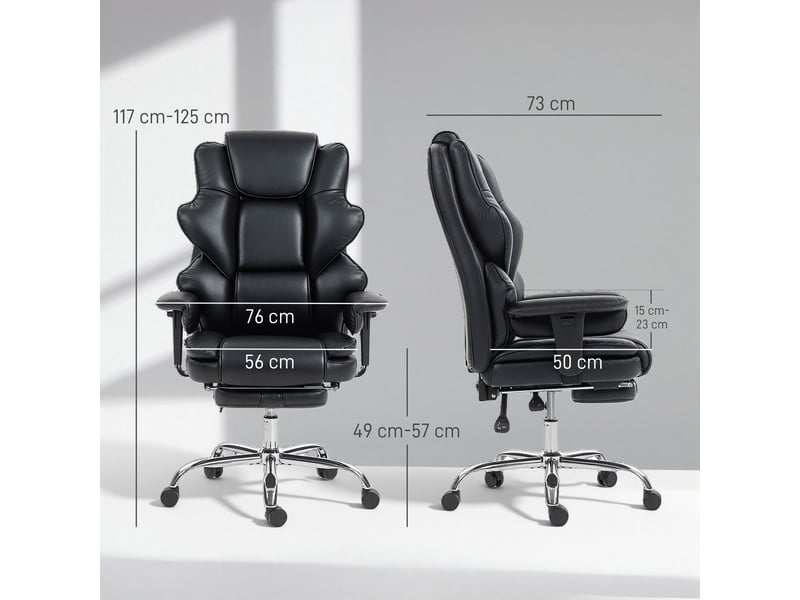  Chaise de bureau avec repose-pieds et appui-tête, cuir pu, mousse et métal, 76 x 73 x 117-125 cm, noire  - Conforama E