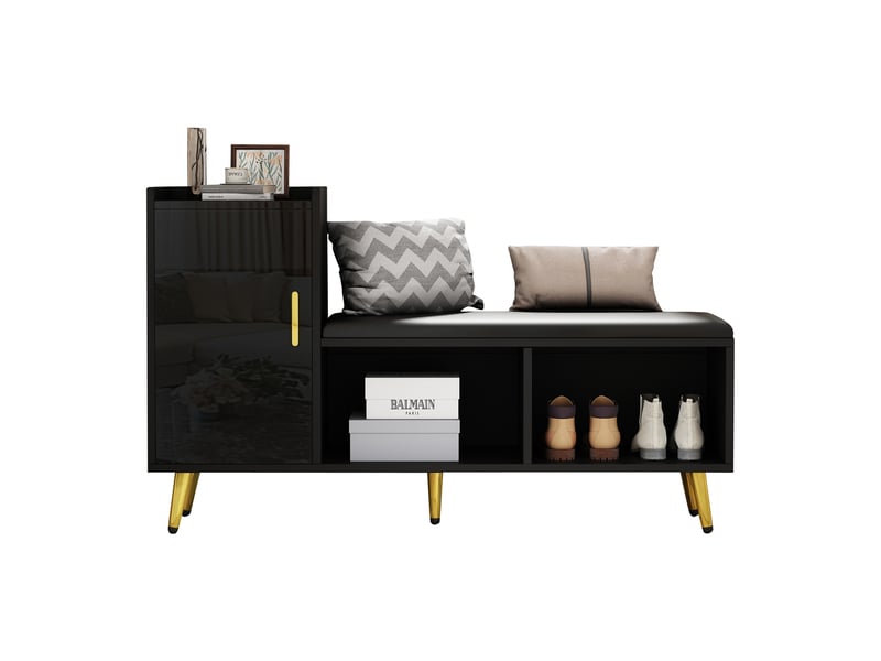  Meuble à chaussures noir brillant avec banc rembourré, rangement 10 paires et étagères réglables pour entrée, 120 cm  - Conforama A