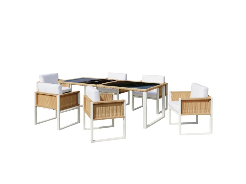 Salon de jardin 6 places en résine tressée beige - fauteuils et coussins lavables - Conforama A