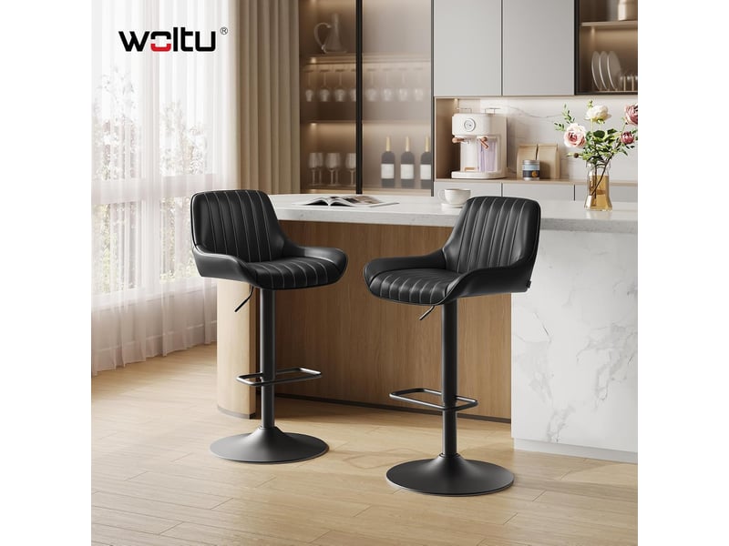  Lot de 2 tabourets bar réglable en hauteur, accoudoirs et dossier, en faux cuir + métal, noir  - Conforama B
